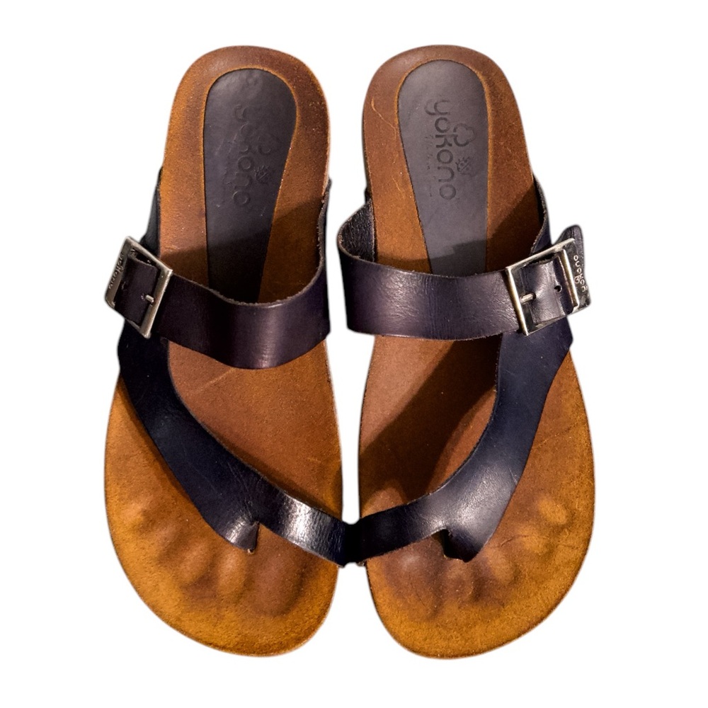 Yokono Black Strappy Leather Sandals, women’s size 6. Cork sole adjustable shoes